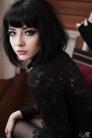 1girl,TradGoth,goth makeup,goth clothes,black hair, bangs, gothic clothes,Charlotte Sartre,goth girl, realistic skin, dress, stockings, short black hair, bob cut, 