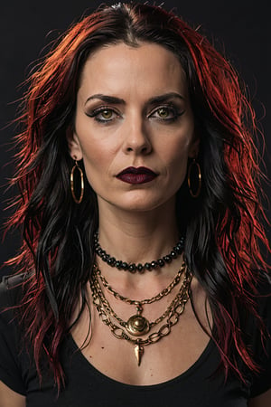 A striking, edgy 40 year old goth woman stands confidently against a moody backdrop. Her dark smoky eye makeup and bold lipstick are accentuated by facial piercings, including a prominent septum ring. Long messy hair. wearing a black t-shirt and gold necklaces. dark red lipstick, winged eyeliner, mascara, dark eye makeup, The Hasselblad medium format camera captures the scene with the Helios 44-2 58mm F2 lens, showcasing realistic, textured skin and cinematic backlit lighting, small breasts, 