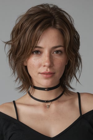 (ultra re alistic,best quality),photorealistic,Extremely Realistic, in depth, cinematic light,hubgwomen,hubg_beauty_girl, cute 40 year old woman, 

medium messy hair, detailed face, detailed nose, seductive, girl, freckles, black choker, smirk, looking at viewer with deep gaze,

wearing a black t-shirt and jeans, hands behind back, 

intricate background, realism,realistic,raw,analog, full length portrait,photorealistic