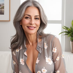 beautiful woman, pointed nose, 50 years old, beautiful mature sexy smile, grey hair, floral blouse, photorealistic photo, small size natural tits, closeup, looking at viewer, ,sagging breasts,Read Description!, cleveage, latina