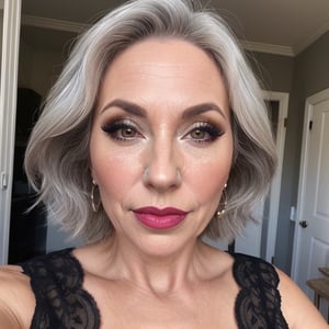 beautiful, attractive 58 year old woman with gray hair and very small breasts wearing a black dress. flat chested, tiny tits, realistic skin, some mild wrinkles, blemishes, shy, frown, subtle makeup, eyeliner, pink lipstick, 