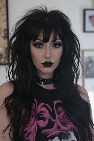 1girl,TradGoth,goth makeup,goth clothes,Lauren Phillips,laurenphillips, black hair, bangs, gothic clothes, 