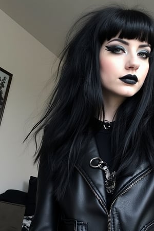 1girl,TradGoth,goth makeup,goth clothes,Lauren Phillips,laurenphillips, black hair, bangs, gothic clothes,Charlotte Sartre