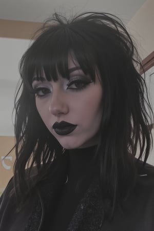 1girl,TradGoth,goth makeup,goth clothes,Lauren Phillips,laurenphillips, black hair, bangs, gothic clothes, 