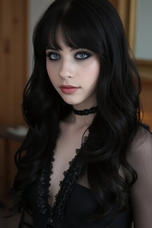 1girl,TradGoth,goth makeup,goth clothes,, black hair, bangs, gothic dress,Charlotte Sartre,rlawldnjs, pale skin,Michelle Trachtenberg, 40 year old, realistic skin, lines and wrinkles, 