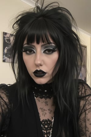 1girl,TradGoth,goth makeup,goth clothes,Lauren Phillips,laurenphillips, black hair, bangs, gothic clothes, 