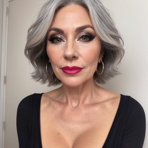 beautiful, attractive 58 year old woman with gray hair and very small breasts wearing a black dress. flat chested, tiny tits, realistic skin, some mild wrinkles, blemishes, shy, frown, subtle makeup, eyeliner, pink lipstick, 