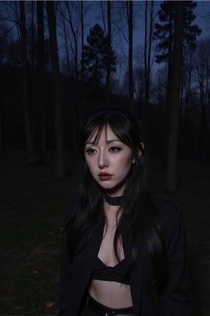 1girl,TradGoth,goth makeup,goth clothes,Lauren Phillips,laurenphillips, black hair, bangs, gothic clothes,rlawldnjs, outdoors, dark forest at night, 