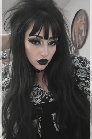 1girl,TradGoth,goth makeup,goth clothes,Lauren Phillips,laurenphillips, black hair, bangs, gothic clothes, 