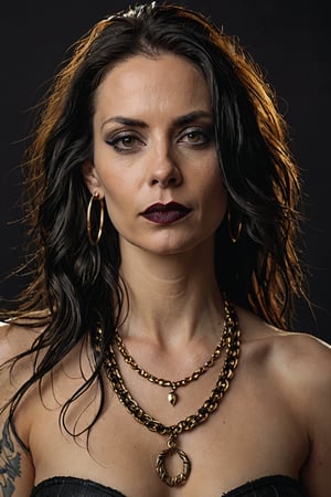 A striking, edgy 40 year old goth woman stands confidently against a moody backdrop. Her dark smoky eye makeup and bold lipstick are accentuated by facial piercings, including a prominent septum ring. Long messy hair. Naked. gold necklaces. The Hasselblad medium format camera captures the scene with the Helios 44-2 58mm F2 lens, showcasing realistic, textured skin and cinematic backlit lighting, topless, small breasts, 