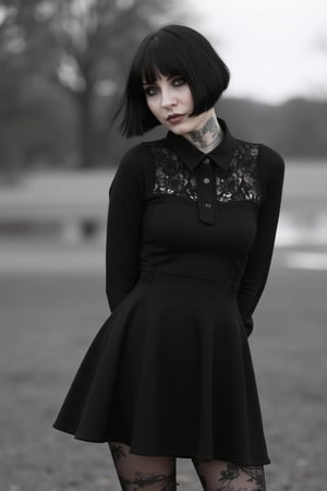 1girl,TradGoth,goth makeup,goth clothes,Lauren Phillips,laurenphillips, black hair, bangs, gothic clothes,Charlotte Sartre,goth girl, realistic skin, dress, stockings, hands behind back, short hair, bob hair style, 