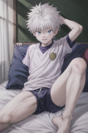 best quality, highres,1boy,at school,big body,till,cute,1boyCute,on bed,boy,killua_zoldyck, no clothes, legs up higher