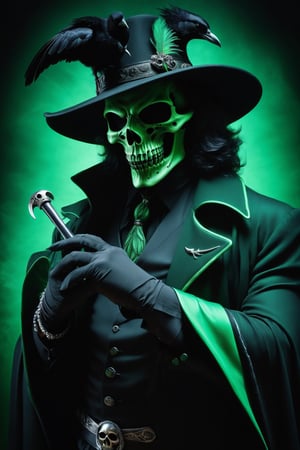 Grim Reaper as a pimp form 1970’s wearing a zoot suit style outfit, Black and Green outfit, Dynamic Pose, simple-background, HD resolution, Insane detail, hyper realism, Dramatic lighting, Grim Reaper Inspired, holding a raven skull head Cain, wearing a black Feathery pimp hat, Ravens incorporated, Ravens within the art photo,