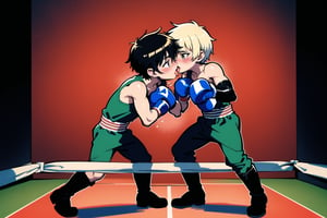masterpiece, best quality, extremely detailed, anime, ((male forcus)), highres, illustration, (((2shota))), full body, thin body, in heat, blush,tongue_kiss , franch kiss, boxing boots, boxing trunks, kissing each other, boxing ring background