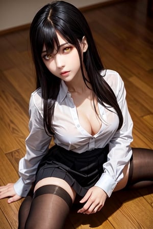 masterpiece, best quality, high definition, solo, Miko Yotsuya, yellow eyes, golden eyes, long straight hair, black hair with blue highlights at the ends), (gorgeous face), gorgeous eyes, detailed face, (detailed eyes), (((detailed hands))), ((soft smile)), photorealistic, Miko, (asian face:1.2), pantyhose, black tights, long hair, Nice legs and hot body, casual wear, blouse and skirt