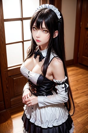 masterpiece, best quality, high definition, solo, Miko Yotsuya, yellow eyes, golden eyes, long straight hair, black hair with blue highlights at the ends), (gorgeous face), gorgeous eyes, detailed face, (detailed eyes), (((detailed hands))), ((soft smile)), photorealistic, Miko, (asian face:1.2), pantyhose, black tights, long hair, maid