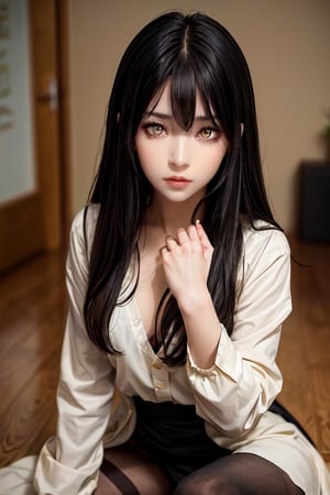 masterpiece, best quality, high definition, solo, Miko Yotsuya, yellow eyes, golden eyes, long straight hair, black hair with blue highlights at the ends), (gorgeous face), gorgeous eyes, detailed face, (detailed eyes), (((detailed hands))), ((soft smile)), photorealistic, Miko, (asian face:1.2), pantyhose, black tights, long hair