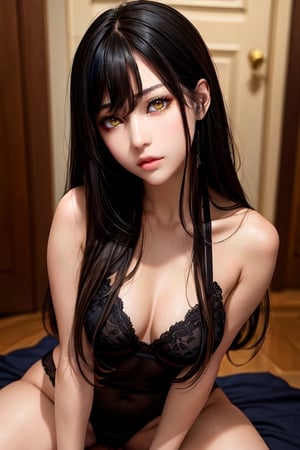 masterpiece, best quality, high definition, solo, Miko Yotsuya, yellow eyes, golden eyes, long straight hair, black hair with blue highlights at the ends), (gorgeous face), gorgeous eyes, detailed face, (detailed eyes), (((detailed hands))), ((soft smile)), photorealistic, Miko, (asian face:1.2), pantyhose, black tights, long hair, Nice legs and hot body, home clothes