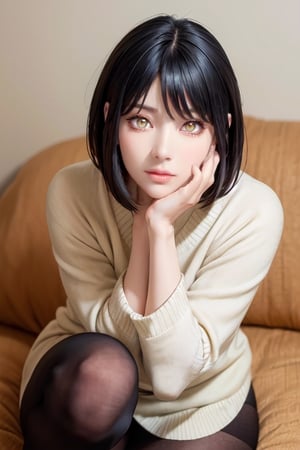 masterpiece, best quality, high definition, solo, Miko Yotsuya, yellow eyes, golden eyes, black hair with blue highlights at the ends), (gorgeous face), gorgeous eyes, detailed face, (detailed eyes), (((detailed hands))), ((soft smile)), photorealistic, Miko, (asian face:1.2), pantyhose, black tights