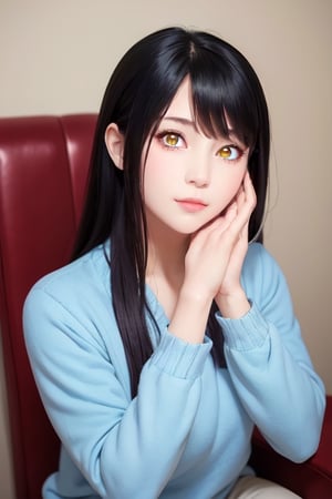 masterpiece, best quality, high definition, solo, Miko Yotsuya, yellow eyes, golden eyes, black hair with blue highlights at the ends), (gorgeous face), gorgeous eyes, detailed face, (detailed eyes), (((detailed hands))), ((soft smile)), photorealistic, Miko, (asian face:1.2),
