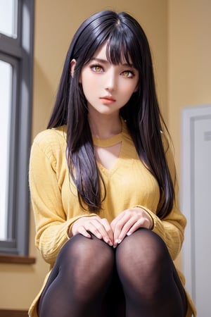 masterpiece, best quality, high definition, solo, Miko Yotsuya, ((yellow eyes)), golden eyes, long straight hair, black hair with blue highlights at the ends), (gorgeous face), gorgeous eyes, detailed face, (detailed eyes), (((detailed hands))), ((soft smile)), photorealistic, Miko, (asian face:1.2), pantyhose, black tights