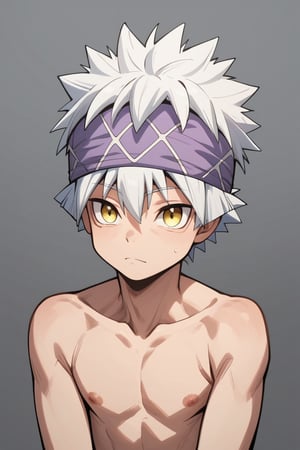 score_9,score_8_up,score_7_up,score_6_up,score_5_up,score_9_up,tag score,source_anime,
1boy,solo,male focus,shota,cute,itona_horibe, white hair, yellow eyes,  spiked hair, headband, Upper body naked, best quality, amazing quality, best aesthetic,Perfect Hands,masterpiece,cartoon,nude,hourglass body shape