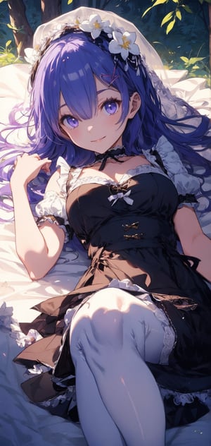 Rem is depicted in a dark and mysterious forest, lit only by the moonlight at midnight. The atmosphere is eerie and calm, with the shadows of the trees enveloping the scene. She has purple hair and wears a mischievous smile on her face while gazing directly at the viewer. purple hair, Rem is dressed in her traditional maid outfit, featuring puffy short sleeves and a black maid headdress with white details. The colors are in anime style, highlighting high-quality, highly detailed features in an extremely high resolution.

She is lying on her side, with her legs bent in an elegant yet relaxed pose. Her outfit includes bridal-style gauntlets and a black choker. She wears white pantyhose that complement her dress, with intricate lace and frills. The scene retains the official style look, with exceptional quality and craftsmanship in the details.