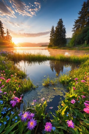 summer, blazing sunrays drench the earth, everything flourishes in abundance, colorful flowers bloom in competition, morning dew glistens crystal clear, the shimmering lake reflects the twilight, composing a lively and vibrant panorama, ultra-realistic, ultra-clear, intricate details, captured by a super wide-angle lens 16k