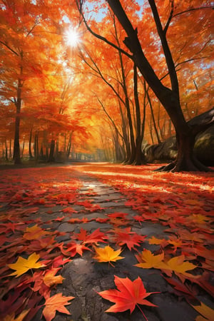 autumn, orange-red maple leaves dance in the gentle breeze, forming a beautiful scene, delicate light and shadow effects add a touch of dreamlike charm, as if immersed in a fairyland, infinite possibilities in the digital world, ultra-realistic, ultra-clear, complex details, captured by a super wide-angle lens 16k