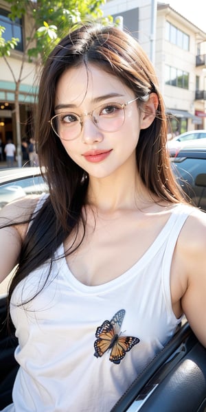 1 girl, single, long hair, chest, looking at the audience, smiling, black hair, shirt, glasses, brown eyes, white shirt, upper body, daytime, lips, Lexus ES, t-shirt, realistic, outside the car