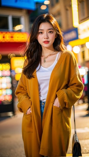 beautiful asian girl in street, professional photography, depth in field, high quality ,necklace