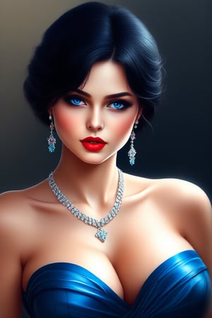 (masterpiece, best quality:1.2), bellissima 1girl, solo, breasts, looking at viewer, blue eyes, black hair, dress, cleavage, bare shoulders, jewelry, collarbone, earrings, parted lips, necklace, mole, lips, makeup, lipstick, realistic, red lips
