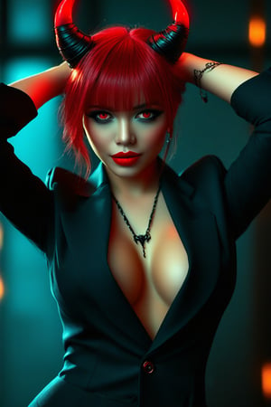 woman, 20 years old, asymmetrical bangs, Topless, (Exquisite business suit:1.8), glow red neon hair, necklace pendant between breasts, big breasts, Glowing eyes, (red devil horns:1.5), awardwinning, amazing details, ((red skin color)) . Blurred motion, streaks of light, surreal, dreamy, ghosting effect, highly detailed, cowboy shot, best quality,eye shadow,Eyeliner,(Black lipstick：1.5）,(Devil smile:1.5),hands on forehead
