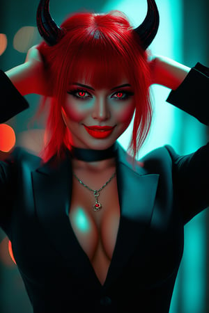 woman, 20 years old, asymmetrical bangs, Topless, (Exquisite business suit:1.8), glow red neon hair, necklace pendant between breasts, big breasts, Glowing eyes, (red devil horns:1.5), awardwinning, amazing details, ((red skin color)) . Blurred motion, streaks of light, surreal, dreamy, ghosting effect, highly detailed, cowboy shot, best quality,eye shadow,Eyeliner,(Black lipstick：1.5）,(Devil smile:1.5),hands on forehead
