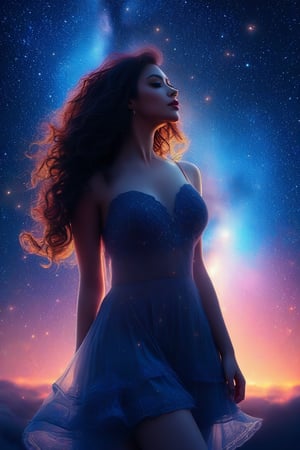 A captivating woman with tousled waves and a flirtatious pose, set against a romantic, starry night sky backdrop, enhanced by fractal patterns.
