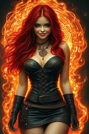 1girl, by Emily Kell and Luis Royo, 27 years old, official art, 8k wallpaper, full length, ultra detailed, beautiful and aesthetic, red hair, brown eyes, leather bust, skirt, A faint smile, masterpiece, best quality, realistic, extremely detailed, dynamic angle, (zentangle, mandala, tangle, entangle), the most beautiful form of chaos, elegant, a brutalist designed, vivid colors, romanticism, plasma flame
