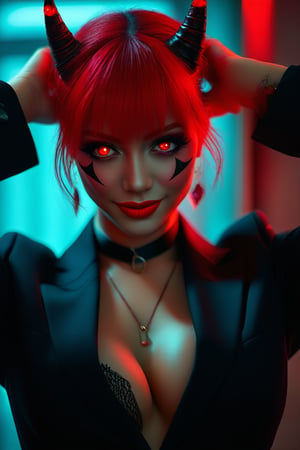 woman, 20 years old, asymmetrical bangs, Topless, (Exquisite business suit:1.8), glow red neon hair, necklace pendant between breasts, big breasts, Glowing eyes, (red devil horns:1.5), awardwinning, amazing details, ((red skin color)) . Blurred motion, streaks of light, surreal, dreamy, ghosting effect, highly detailed, cowboy shot, best quality,eye shadow,Eyeliner,(Black lipstick：1.5）,(Devil smile:1.5),hands on forehead
