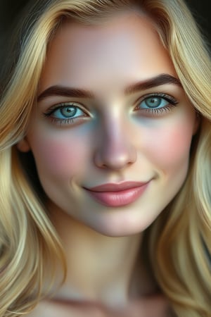 Woman, americana, age 25, pale skin and freckles, gray eyes, delicate nose, soft and delicate lips, far away, cabelo blondie far away e ondulado na altura da cintura, sweet smile, face with delicate feminine facial features, highly rendered
