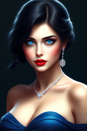 (masterpiece, best quality:1.2), bellissima 1girl, solo, breasts, looking at viewer, blue eyes, black hair, dress, cleavage, bare shoulders, jewelry, collarbone, earrings, parted lips, necklace, mole, lips, makeup, lipstick, realistic, red lips
