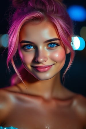 (RAW photo) night scene, close-up photo of a sexy girl, posing, looking at the viewer, smiling, pink hair in a ponytail, (blue eyes), handsome young face, 18 yo, soft volumetric lights, soft key and fill lighting, (backlit: 1.3), (cinematic: 1.3), intricate details, (ArtStation: 1.2), skin spots, (freckles: 0.9), detailed eyes, micro details, FUJI XT3, photorealistic, photorealism
