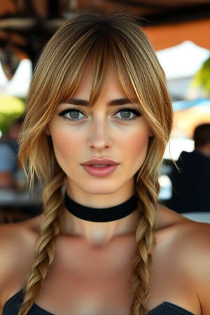 Close face portrait. Dakota Johnson face, 40 years old, deep eyes, looking straight, slim woman, skinny body, very beautiful, blonde hair, quad braids, wearing an off-shoulder tight t-shirt, black choker, cleavage, closeup portrait, in a outdoor cafe in 2015, afternoon light,
