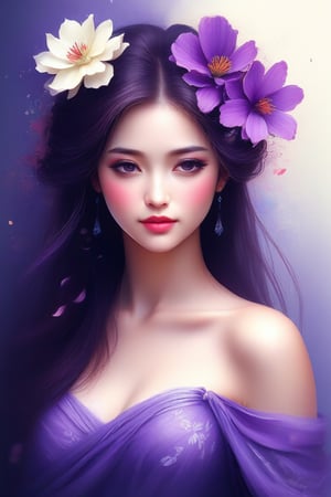 a close up of a woman in a dress with a flower on her head, a beautiful artwork illustration, beautiful illustration, by Li Song, by Ni Tian, by Chen Lin, beautiful!!! digital art, exquisite digital illustration, beautiful digital illustration, by Yu Zhiding, dreamy illustration, by Mei Qing, draped in purple, by Xie Sun, dressed in purple
