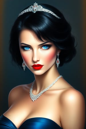 (masterpiece, best quality:1.2), bellissima 1girl, solo, breasts, looking at viewer, blue eyes, black hair, dress, cleavage, bare shoulders, jewelry, collarbone, earrings, parted lips, necklace, mole, lips, makeup, lipstick, realistic, red lips
