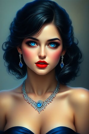 (masterpiece, best quality:1.2), bellissima 1girl, solo, breasts, looking at viewer, blue eyes, black hair, dress, cleavage, bare shoulders, jewelry, collarbone, earrings, parted lips, necklace, mole, lips, makeup, lipstick, realistic, red lips
