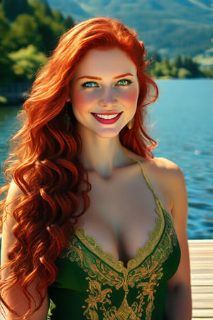 Beautiful, cute, 25 year old European woman, goddess, (red hair), long hair, curly hair, perfect face, freckle spotted face, sharp jawline, (sharp features), thousands of (freckles), smiling, (cheerful), happy, blue eyes, perfect eyes, cleavage, perfect breasts, skinny, (uniform hands), normal hands, (complex intricate dark olive green flowing sun dress gold embroidery), lake, mountains, pier, summer, subject is well lighted, (cinematic lighting), (realistic), (high quality), (detailed), (8k ultra hd), 1 person
