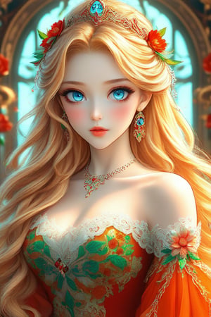 ((Best quality, 8k, Masterpiece :1.3)), 1girl, Pretty woman :1.3, Ultra-detailed face, Detailed eyes, Double eyelid, Princess, ((fantasy)), ((beautiful orange and red royal dress)), ((intricate flower design)), many details, transparent part, ((long wavy blonde hair)), braided hair, green and blue mystical eyes, full body image
