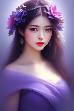 a close up of a woman in a dress with a flower on her head, a beautiful artwork illustration, beautiful illustration, by Li Song, by Ni Tian, by Chen Lin, beautiful!!! digital art, exquisite digital illustration, beautiful digital illustration, by Yu Zhiding, dreamy illustration, by Mei Qing, draped in purple, by Xie Sun, dressed in purple
