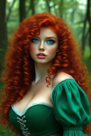 masterpiece, best quality, expressive eyes, perfect face, big eyes, looking at viewer, large breast, big breast, small waist, , Best Quality, Realistic, perfect figure, highly detailed, showing cleavage, dressed as merida from brave, Red curly hair, big hair, blue eyes, Green outfit, in the forest, bow and arrow, detailed dress, freckles on her face, cheek blush, big puffy hair, very curly hair
