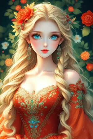 ((Best quality, 8k, Masterpiece :1.3)), 1girl, Pretty woman :1.3, Ultra-detailed face, Detailed eyes, Double eyelid, Princess, ((fantasy)), ((beautiful orange and red royal dress)), ((intricate flower design)), many details, transparent part, ((long wavy blonde hair)), braided hair, green and blue mystical eyes, full body image
