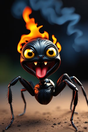 A torched spiderling, its tiny body charred but oddly intact, flashes a large, exaggerated grin, with its cartoonishly long tongue playfully hanging out. Despite its singed appearance, the spiderling's expression is almost mischievous, as if it's unfazed by its fiery encounter. The surreal contrast between its burnt state and the comical, carefree grin adds a twisted, darkly humorous element to the scene 